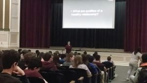 Dani speaking to students at Brookline High School