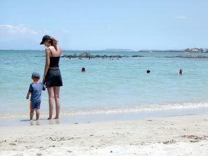 mother and son at beach