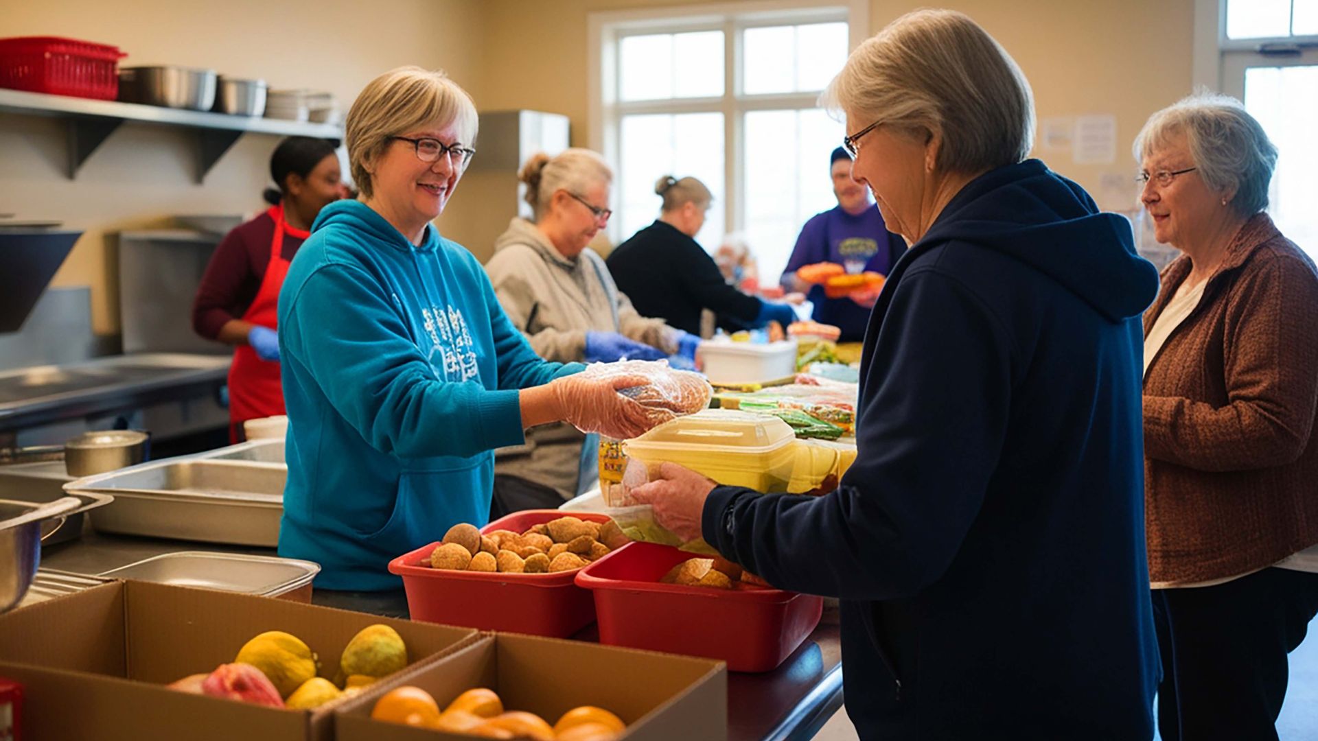 A group of women smiling at each other while working at a food pantry.