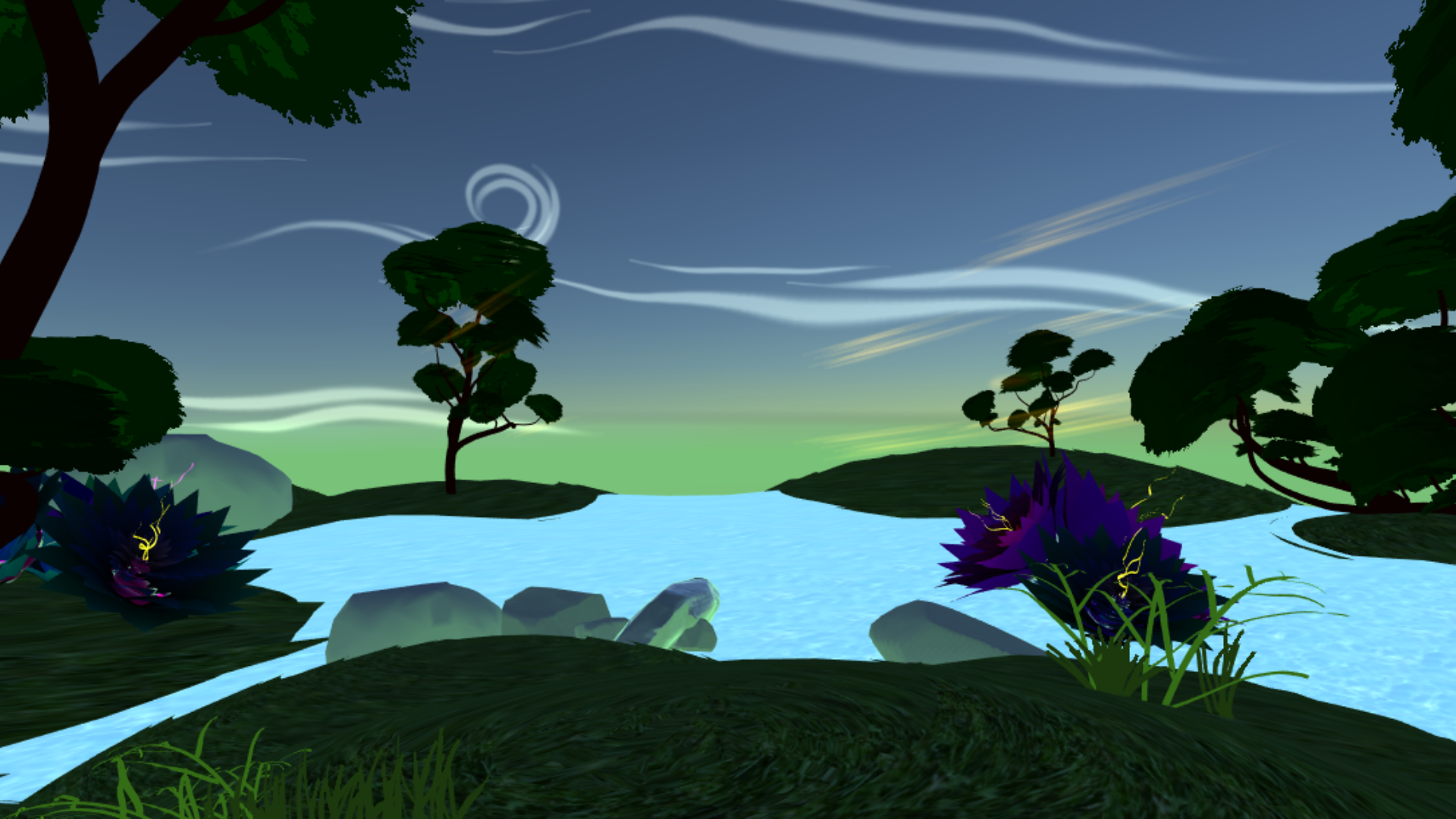 An artistic image showing an evening landscape with trees, a flowing river, clouds, and a night sky.