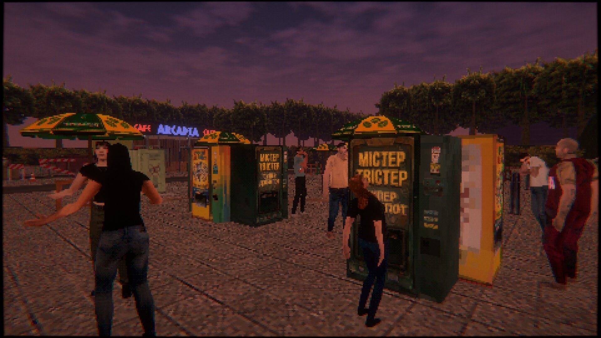 Several people stand in front of outdoor slot machines and a sign in the background that says "Arcadia Cafe."