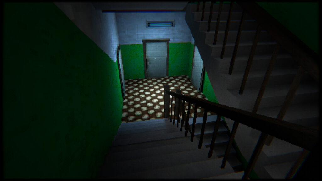 An apartment door can be seen from a darkened stairway.